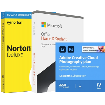 Adobe Plan Fotograficzny (Photoshop CC + Lightroom CC) 20 GB Cloud + Norton 360 Deluxe + Office 2021 Home & Student
