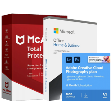 Adobe Plan Fotograficzny CC 20GB: Photoshop + Lightroom ESD + Office 2021 Home & Business + McAfee Total Protection