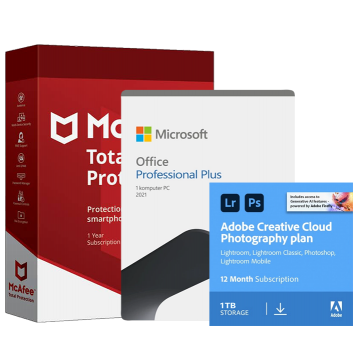 Adobe Plan Fotograficzny CC 1TB: Photoshop + Lightroom ESD + Office LTSC 2021 Professional Plus + McAfee Total Protection