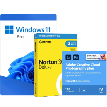 Microsoft Windows 11 Professional + Norton 360 Deluxe + Adobe Plan Fotograficzny CC 1TB: Photoshop + Lightroom ESD