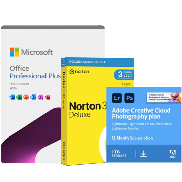 Microsoft Office LTSC 2024 Professional Plus + Norton 360 Deluxe + Adobe Plan Fotograficzny CC 1TB: Photoshop + Lightroom ESD