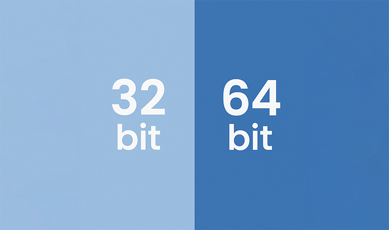 Grafika z napisem 32 bit na jasnoniebieskim tle oraz napis 64 bit na ciemnoniebieskim tle