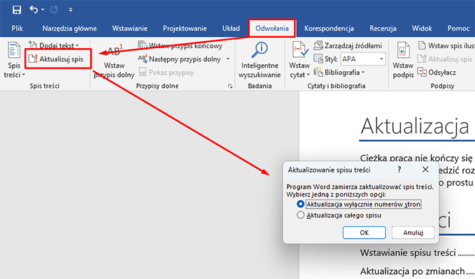 Wstawianie spisu treści w Microsoft Word