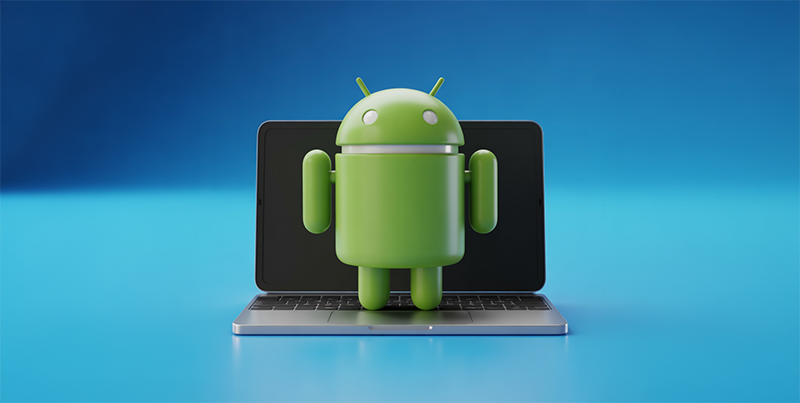 Maskotka Androida stojąca na laptopie