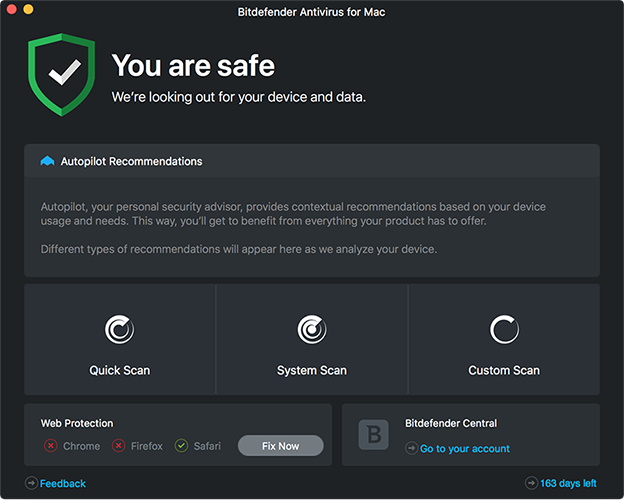 Ekran główny programu Bitdefender Antivirus for macOS