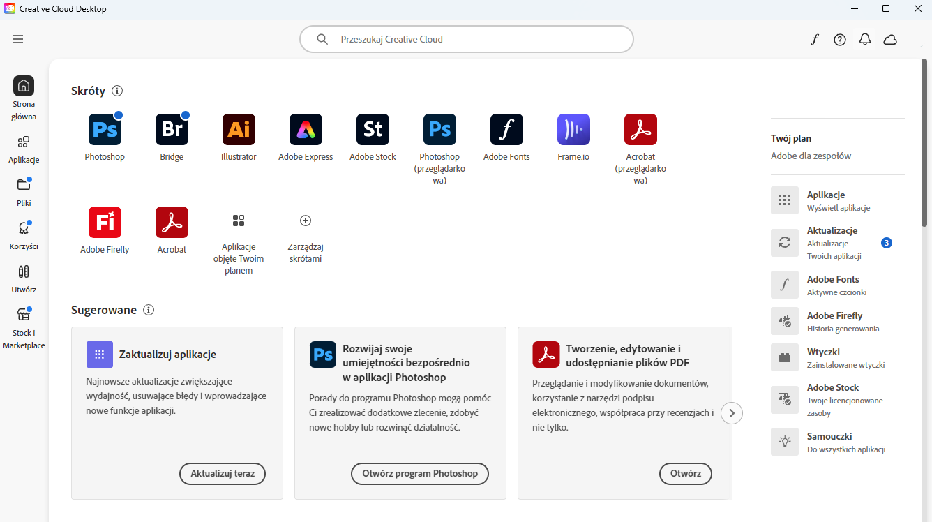 Ekran startowy aplikacji Adobe Creative Cloud