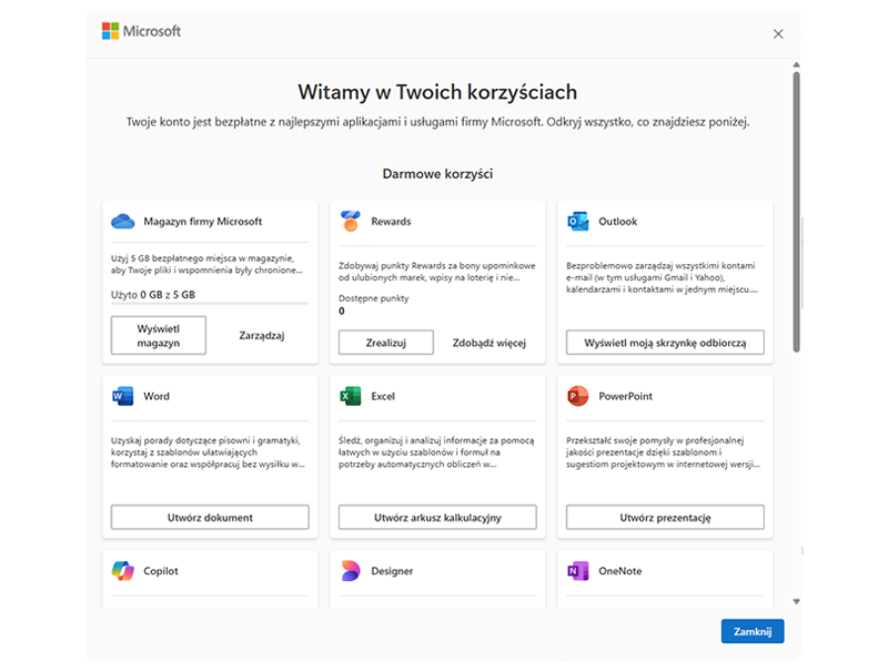 Widok darmowych aplikacji Microsoft dostępnych Online