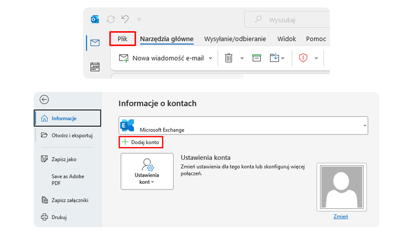 Górna belka klasycznego programu outlook z zaznaczoną opcją Plik oraz Informacje o kontach z opcją dodania konta.