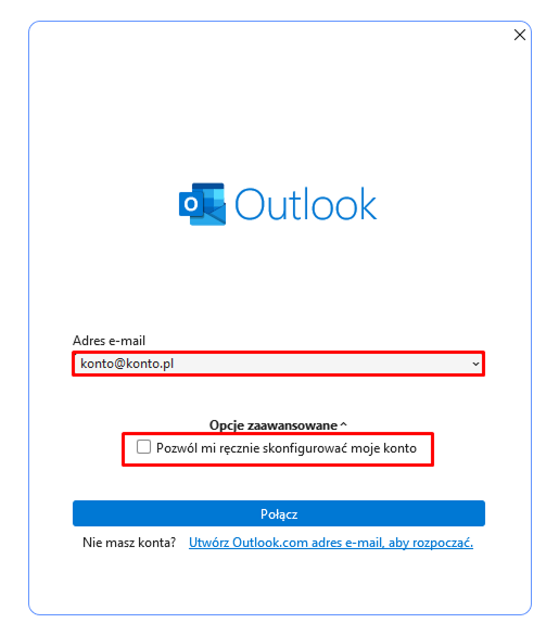 Okno konfiguracji konta Outlook z zaznaczoną opcją zaawansowanych ustawień. Checkbox z opcją Pozwól mi ręcznie skonfigurować moje konto.