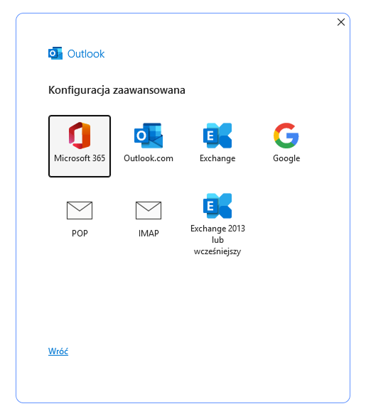 Okno wybierania typu konta z wyświetlonymi opcjami m.in. Microsoft 365, Outlook, IMAP, POP, Exchange oraz Google.