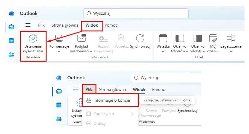 Górna belka nowego programu Outlook, sekcja Widok oraz Ustawienia wyświetlania