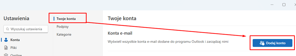 Przycisk Dodawanie konta w nowym programie Outlook