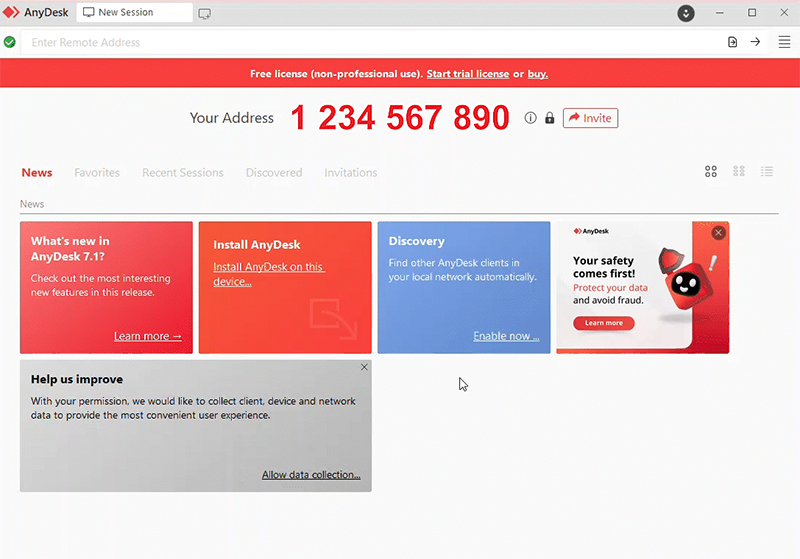 Ekran startowy programu AnyDesk