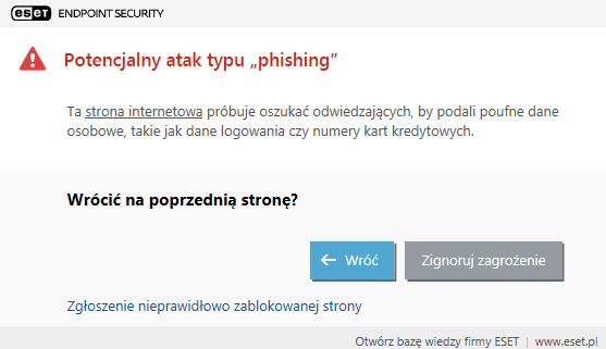 Powiadomienie o phishingu programu ESET