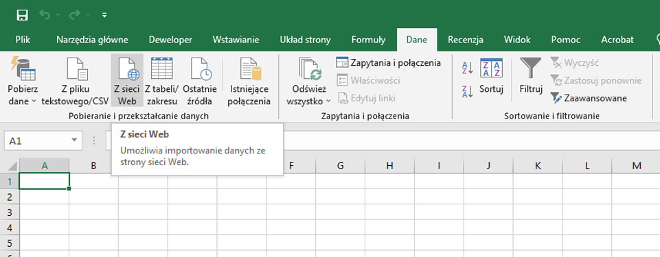 Pobieranie danych ze strony internetowej Excel