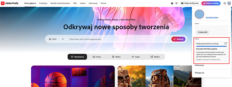 Punkty generatywne w internetowej aplikacji Adobe Firefly