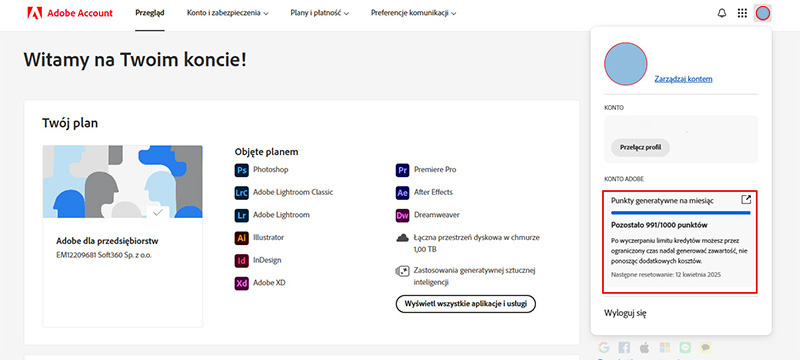 Punkty generatywne na koncie klienta Adobe