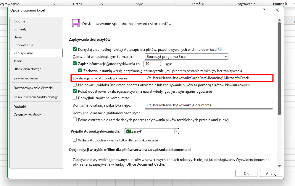 Lokalizajca pliku AutoOdzyskiwania w Excelu