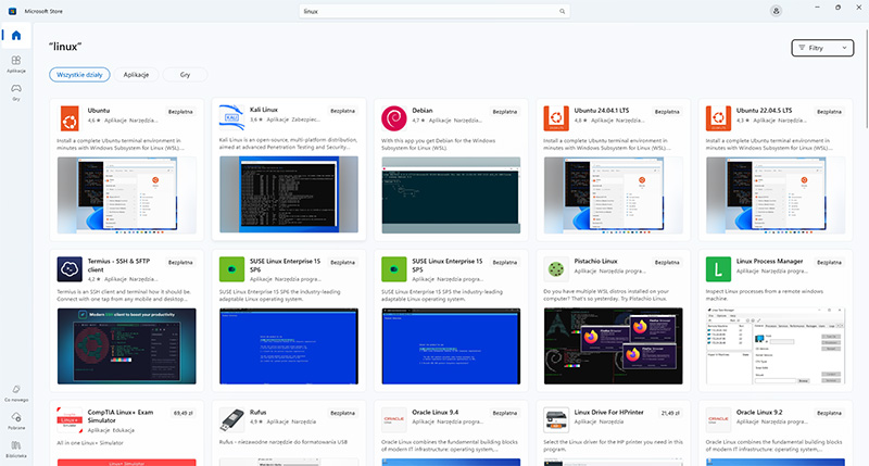Dostępne wersje Linuxa w Microsoft Store