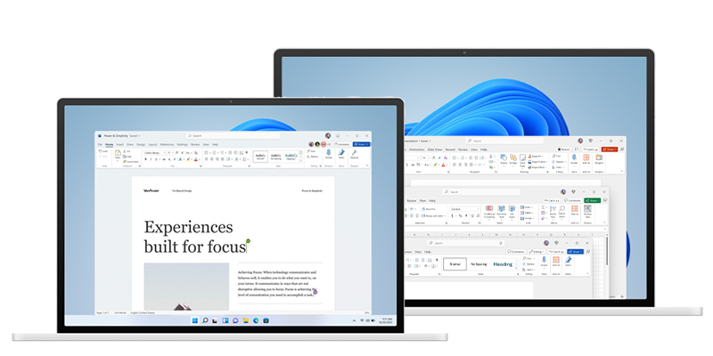 Dwa laptopy. Lewy przedstawiający Microsoft Offcie 2021 oraz prawy przedstawiajacy Microsoft Office 2024.