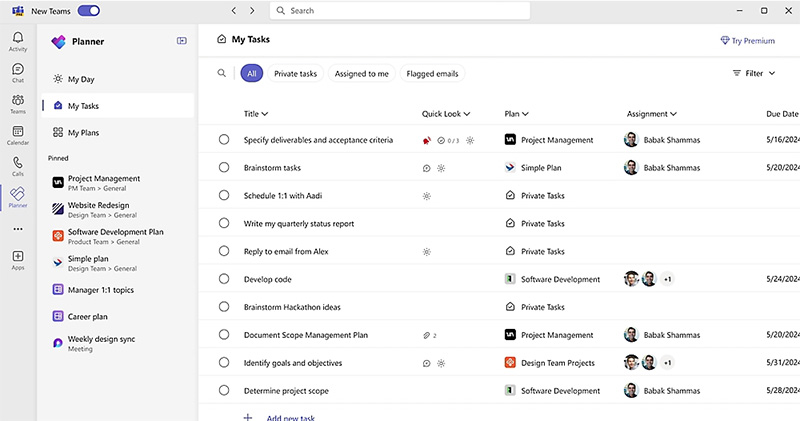Okno programu Microsoft Planner