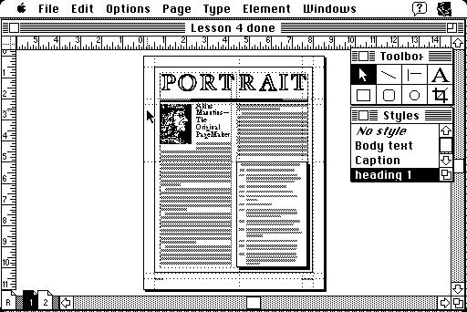 Zrzut ekranu z programu Aldus PageMaker na klasycznym Macintoshu
