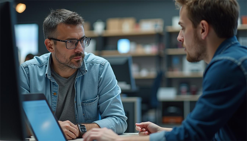 Mężczyźni rozmwaiają o komputerze