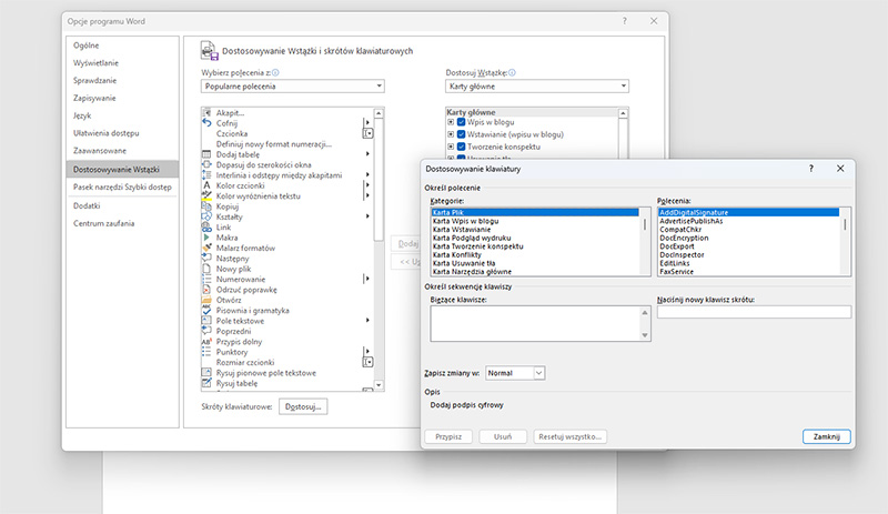 Opcja Dostosowywanie w programie Microsoft Word