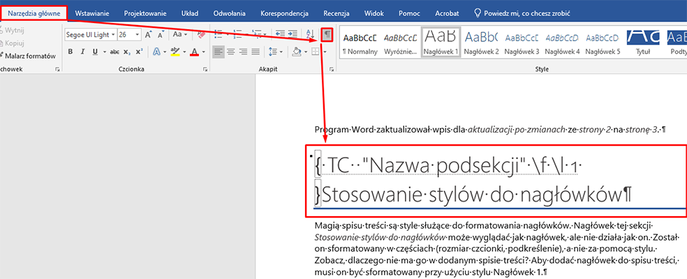 Opcja pokaż wszystko w celu sprawdzenia, w których miejscach są Szybkie części