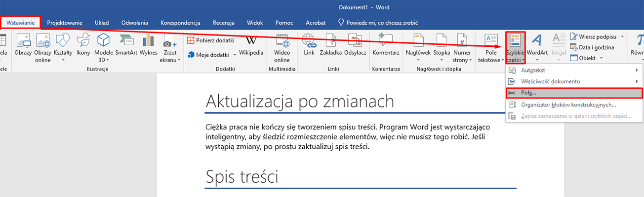 Opcja szybkie części z umieszczaniem Pola