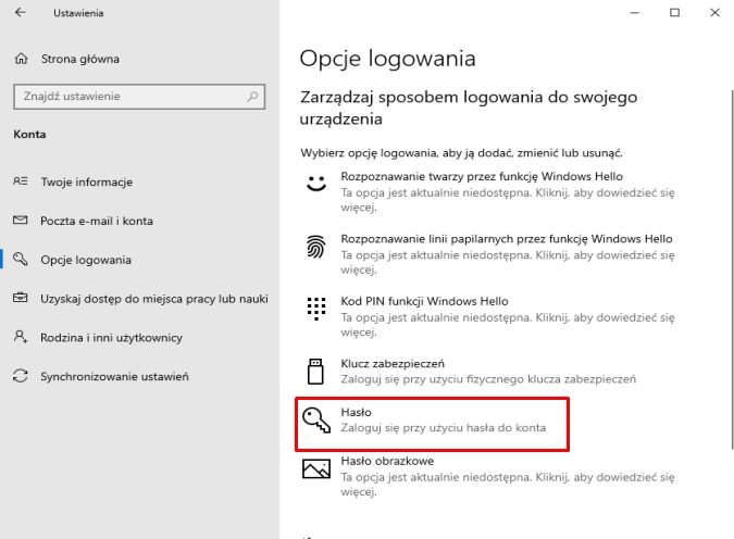 Windows 10 ustawienie hasła