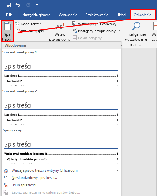Wstawianie spisu treści w Microsoft Word