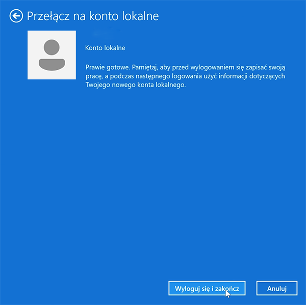 Ekran końcowego kroku z opcją Wyloguj i zakończ